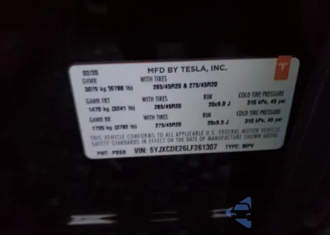 2020 Tesla Model X z USA, uszkodzony, nr VIN 5YJXCDE26LF261307